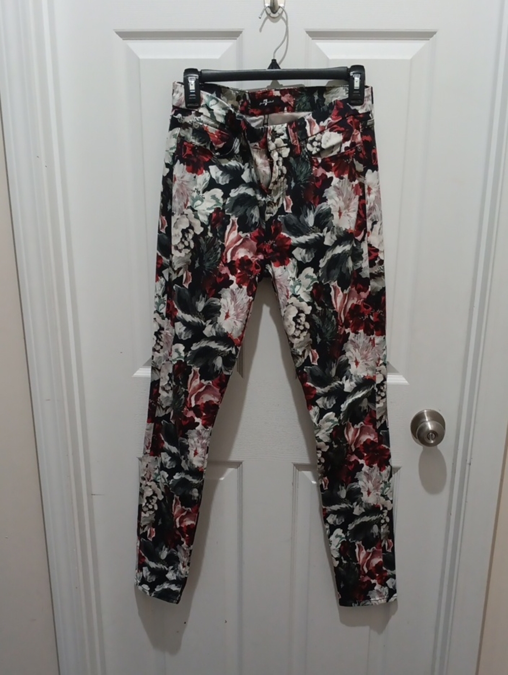 7 For All Mankind Burgundy Floral Skinny Pants with Green & Cream